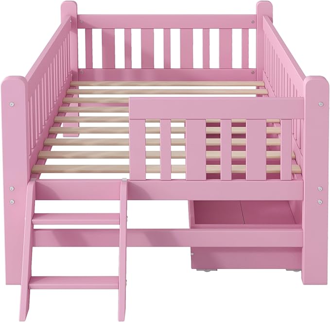 Merax Wood Twin Size Platform Bed with Guardrail and 2 Drawers, Kids Bed Frame with Stairs, Pink