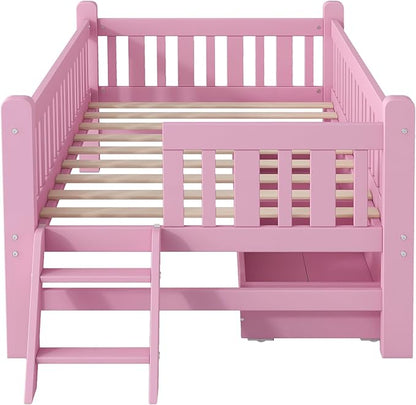 Merax Wood Twin Size Platform Bed with Guardrail and 2 Drawers, Kids Bed Frame with Stairs, Pink
