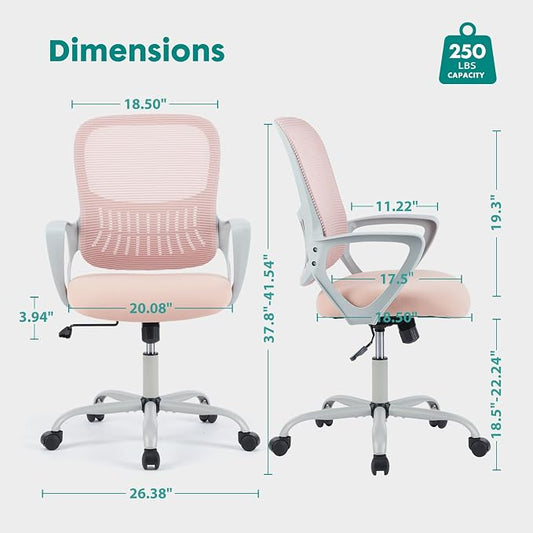 OLIXIS Home Office Chair, Mid Back Computer Ergonomic Mesh Desk with Large Seat, Executive Height Adjustable Swivel Task with Lumbar Support and Armrest, for Adults, Pink