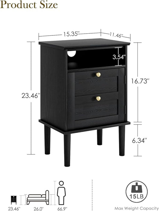 Nightstand, Boho Night Stand with 1 Drawers, Modern Side Accent Table with Open Shelf, Wooden Top Bedside End Table for Bedroom, Living Room, Black