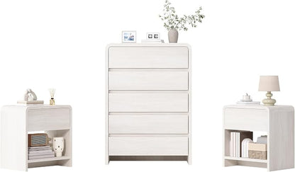 AMERLIFE Modern 3-Piece Bedroom Furniture Set with 5-Drawer Dresser and 2 Nightstands, Large Storage Capacity, Rounded Corners, Flexible Combination Design, Anti-Tip Kit Included, White