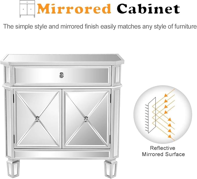 VINGLI Mirrored Cabinet, Mirrored Nightstand, Mirrored Dresser Accent Chest, Large Mirror Nightstand with 1 Drawer and Two Doors, 27.5”W x 13.4”D x 26.5”H, Mirror