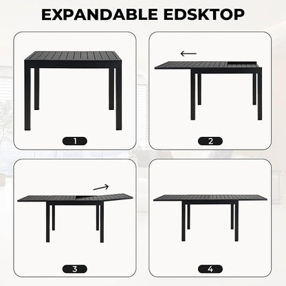 Grand patio 7-Piece Outdoor Dining Set for 6 with 1 Rectangle Expandable Table for 4-6 Person, Metal Woven Wicker Fixed Patio Chairs with Thickened Cushions for Yard, Poolside, Deck (Black)