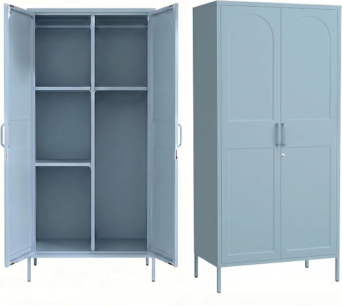 Lockable Closet Metal Wardrobe 67" Blue 2 Door Wardrobe Bedroom Storage Cabinet Adjustable shelf Multi functional metal Storage Cabinet with hanging rail for domestic use 18.1" D x 31.5" W x 67" H