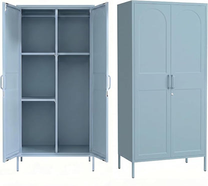 Lockable Closet Metal Wardrobe 67" Blue 2 Door Wardrobe Bedroom Storage Cabinet Adjustable shelf Multi functional metal Storage Cabinet with hanging rail for domestic use 18.1" D x 31.5" W x 67" H