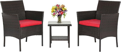 FDW 3 Piece Bistro Conversation Set Patio Brown Wicker Chairs Furniture Outdoor Furniture Set 2 Rattan Chairs with Red Cushions and Glass Coffee Table for Porch Lawn Garden Balcony Backyard