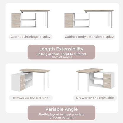 Home Office Computer Desk Corner Desk with 3 Drawers and 2 Shelves, 53-inch L-Shaped Study Desk with Storage, White + Walnut