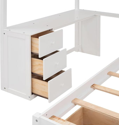 Merax Full Over Twin Bunk Bed with Desk, Drawers and Shelves, White