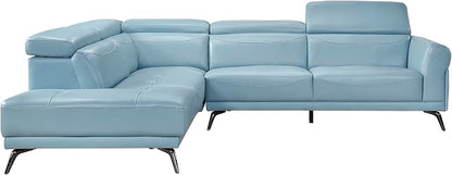 Lexicon L-Shaped Sectional Couch with Left Chaise, Top Grain Leather Match Sectional Sofa, Adjustable Headrests, Black Chrome Metal Legs, High-Density Cushions, Stitching, for Living Room, Blue