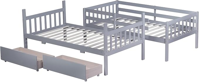 Harper & Bright Designs Twin Over Twin Bunk Bed with 2 Drawers, Convertible into 2 Twin Beds, Twin Bunk Bed with Ladder and Safety Guardrails, Gray