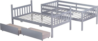 Harper & Bright Designs Twin Over Twin Bunk Bed with 2 Drawers, Convertible into 2 Twin Beds, Twin Bunk Bed with Ladder and Safety Guardrails, Gray