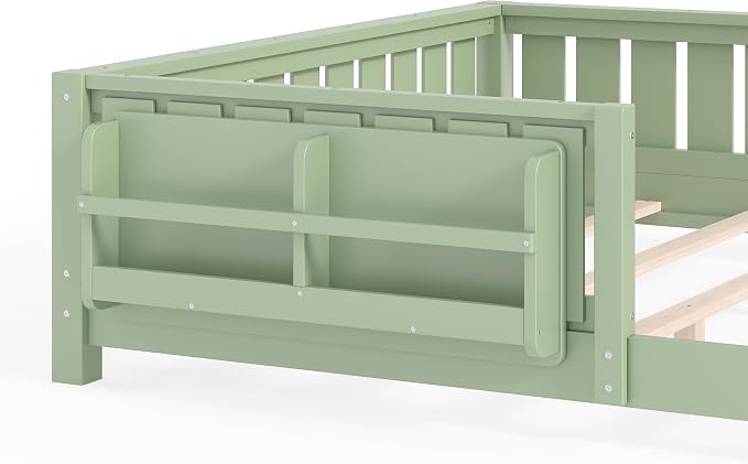 Bellemave Queen Size Floor Bed with high Rails and with Built-in Bookshelf for Kids, Girls, Boys, Wood Montessori Floor Bed Without Door, Avocado Green
