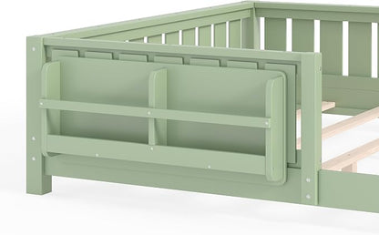 Bellemave Queen Size Floor Bed with high Rails and with Built-in Bookshelf for Kids, Girls, Boys, Wood Montessori Floor Bed Without Door, Avocado Green