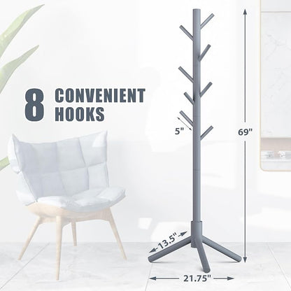 Haddockway Wooden Coat Rack Stand with 8 Hooks New Zealand Pine 3 Adjustable Coat Standing Tree Easy Assembly for Coats, Hats, Scarves and Handbags for Entryway, Hallway, Bedroom, Office