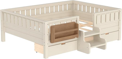 Bellemave Full Size Bed with Slats and Stairs, Full Size Platform Bed Frame with Fence, Bookshelf and Storage Drawers, Easy Assemble Beds for Kids, Girls, Boys, Beige