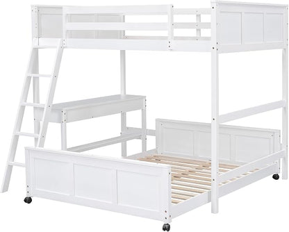 Ball & Cast Full Over Full Bunk Bed with Safty Guardrail & Stairway,Heavy Duty Wood Loft Bedframe W/Desk & Drawers,Easy Assembly,Versatile Functional Bedroom Furniture Set for Boy Girl Teens,White