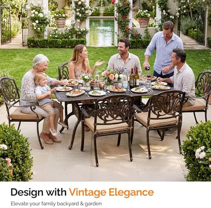 VINGLI 7 Pieces Outdoor Dining Set, Cast Aluminium All-Weather Patio Dining Set for 6 with Umbrella Hole, Outdoor Dining Table and Chairs with Cushion for Yard, Garden, Porch and Poolside, Bronze