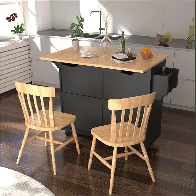 51 Kitchen Island Cart with Drop Leaf Breakfast Bar, Rolling Mobile Kitchen Island Table on Wheels with Storage Cabinet, Drawer, Spice/Towel Rack, Black