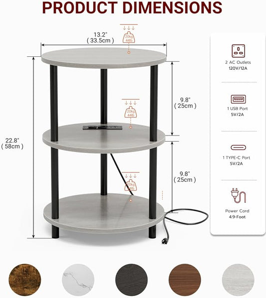 XBurmo Small Round End Table - 3 Tier Design Accent Table, Narrow Side or Bedside Stand, Industrial Vintage Table for Small Spaces, Built-in USB Ports and Power Outlet, Greige