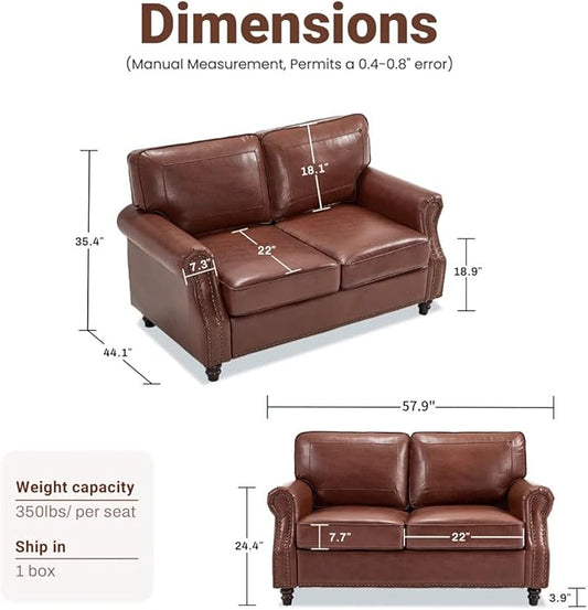 Kingfun Small Leather Loveseat, 57.9" Mid Century Modern Leather Couch for Living Room, Bedroom, Office, Love seat Sofas, Mini Sofa with Rolled Arms and Nailhead Trim, Dark Coffee