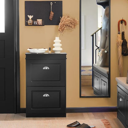 Haotian Small Shoe Cabinet, Black 2 Flip Drawers Freestanding Shoe Rack, Shoe Storage Cupboard Organizer (9.45" D x 20.87" W x 32.28" H), FSR78-SCH