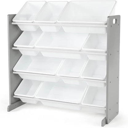 Humble Crew Toy Storage Organizer with 12 Removable Storage Bins for Kids Playroom, 4-Tier Toddler Toy Organization, Grey/White