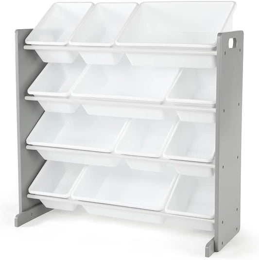Humble Crew Toy Storage Organizer with 12 Removable Storage Bins for Kids Playroom, 4-Tier Toddler Toy Organization, Grey/White
