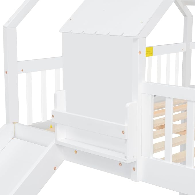 SOFTSEA House Bunk Bed with Slide, Full XL Over Queen Wood Floor Bunk Bed Frame with Roof, Guardrails and Ladder, Space-Saving, White