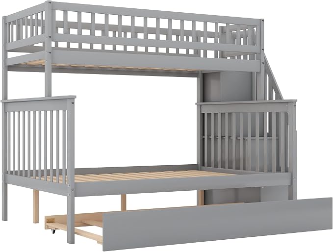 MERITLINE Twin Over Full Bunk Bed with Trundle, Storage Staircase,Solid Wood Bunk Bed with Storage Stairs Box and Guardrail, No Spring Box Needed (Grey)
