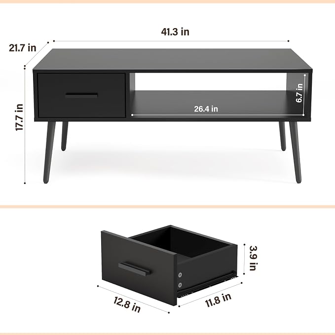 HAIOOU Coffee Table, Mid Century Modern Style Cocktail Table TV Stand with Drawer, Open Storage Shelf, Stable Floor-Anti-Scratching Pine Leg for Home, Office, Living Room - Black