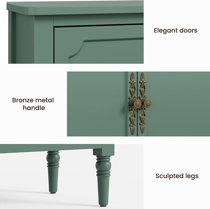 FansaFurn 3-Door Storage Cabinet Set of 2 with Adjustable Shelves, Accent Sideboard Cabinet with Turned Legs, Wood Pantry Cabinet, Buffet Cabinet for Entryway, Living Room, Dining Room, Green