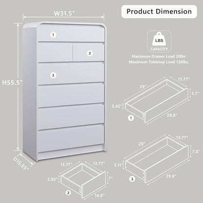 Aitjunz Modern 7 Drawers Dresser for Bedroom, 55" Tall Dressers & Chest of Drawers w/Curved Profile Design, Wood Mid Century Vertical Storage Dressers Organizer for Bedroom, Living Room, White