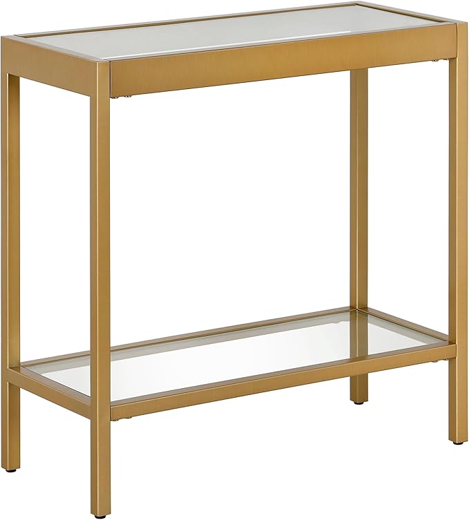 Henn&Hart 24" Wide Rectangular Rectangular Side Table in Brass, Table for Living Room, Bedroom | Two-tiered glass shelves with a metal frame, offering open display space for living rooms, offices, or bedrooms