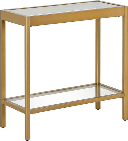 Henn&Hart 24" Wide Rectangular Rectangular Side Table in Brass, Table for Living Room, Bedroom | Two-tiered glass shelves with a metal frame, offering open display space for living rooms, offices, or bedrooms