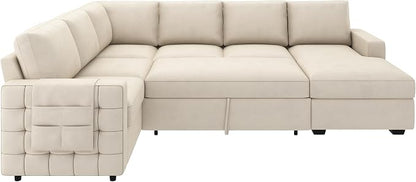HONBAY Sectional Sleeper Sofa with Pull-Out Bed Storage Chaise, 6 Seaters Couch for Living Room, Beige