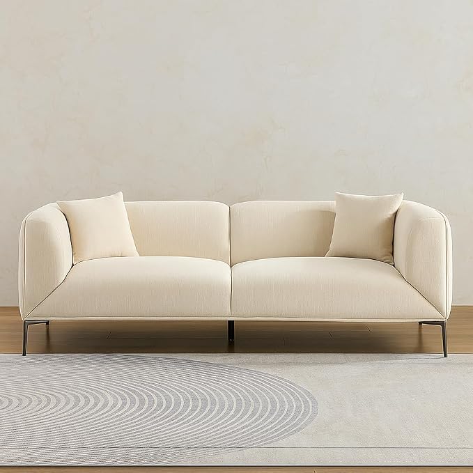82.68" Modern Luxury Fabric Sofa Couch with Metal Legs, Upholstered 3-Seater Sofa for Living Room, Easy Assembly Contemporary Linen Couch, Stylish Comfort Seating for Apartment & Home(White)