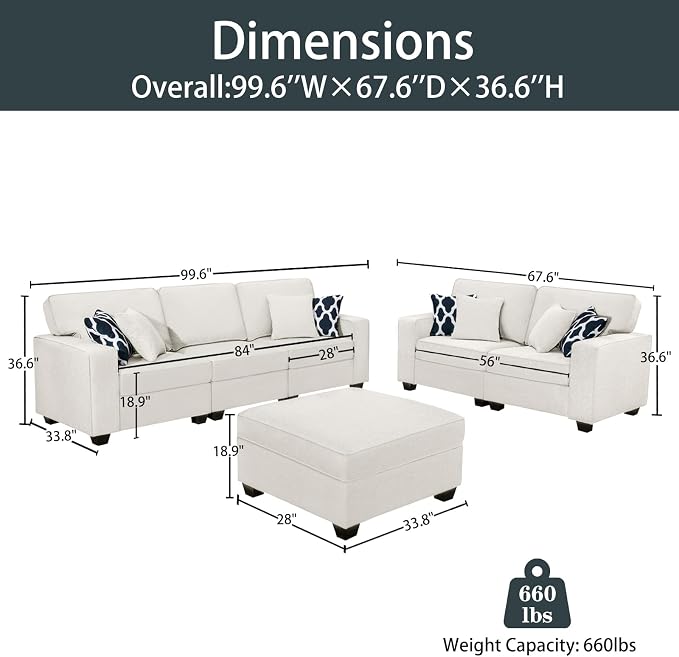 Legend Vansen Oversized Modular Sectional Sofa,U/L‑Shaped Reversible Couch with Ottoman,Deep Seat Plush Polyester Sofa for Living Room,6‑Seater,Cream