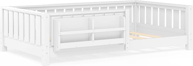 Bellemave Twin Floor Bed with Guardrail and Slats, Twin Size Montessori Floor Bed with Bookshelf and Fence, Easy Assemble Montessori Beds Frame for Girls, Boys, White