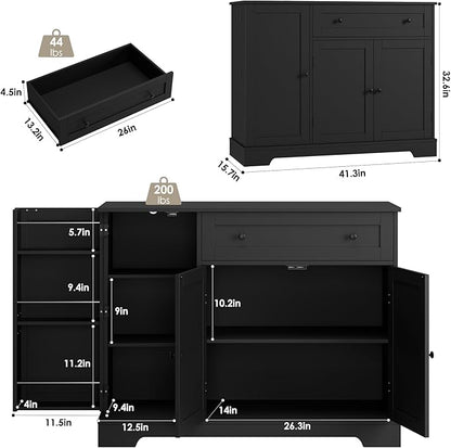 HOSTACK Buffet Cabinet with Storage, Modern Sideboard Buffet with Doors, Wood Coffee Bar Kitchen Storage Cabinet with Drawer and Adjustable Shelf for Kitchen, Dining Room, Living Room, Black