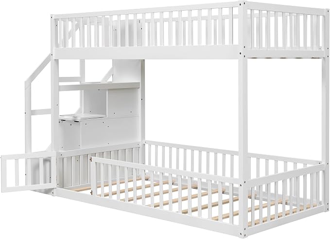 Twin Over Twin Floor Bunk Bed with Storage Ladder and Guardrails,for Kids Teens Adults (White#Ladder, Twin Over Twin)