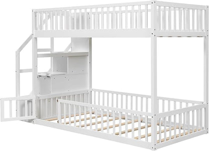 Twin Over Twin Floor Bunk Bed with Storage Ladder and Guardrails,for Kids Teens Adults (White#Ladder, Twin Over Twin)