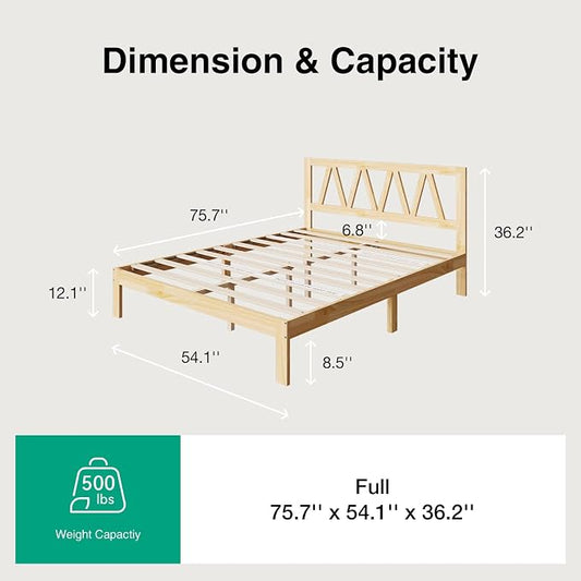 Novilla 12 Inch Wooden Full Size Bed Frame, Solid Wood Full Size Bed Frame with Headboard, Sturdy Wood Slat Support, No Box Spring Needed, Easy Assembly, Pine