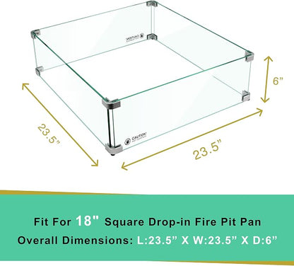 Holy Fire 23.5" L x 23.5" x 6" Square Fire Pit Glass Wind Guard Clear Tempered Glass Flame Protective Pane Wind Resistant - Fits 18” Square Fire Pit Burner Pan