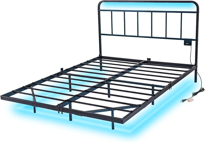 Floating Twin Size Platform Bed Frame with LED Lights & Charging Station - Includes Powered Screwdriver for Assembly, Mattress Fasteners & Corner Pads, Hardened Steel
