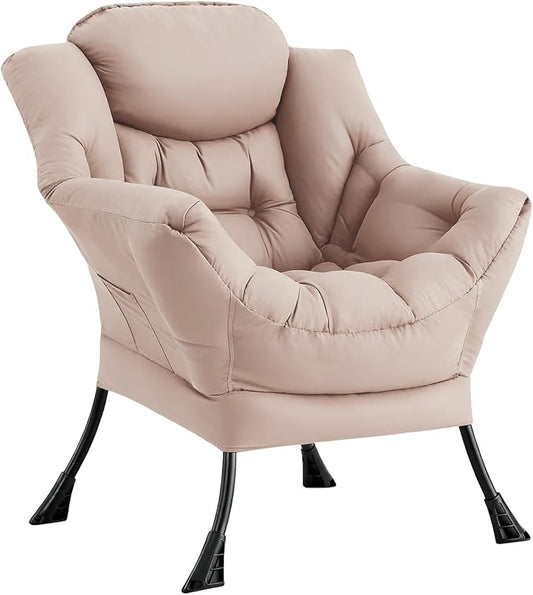 Lazy Chair for Living Room, Modern Soft Reading Chair Accent Contemporary Sofa Chair with Armrests and a Side Pocket for Bedroom, Dorm & Office, Khaki