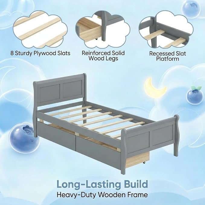 Giantex Twin Bed with 2 Storage Drawers, Wood Platform Bed with Headboard & Footboard, Wooden Slats Support Mattress Foundation, Twin Bed Frames for Kids Teens Adults, No Box Spring Needed (Grey)