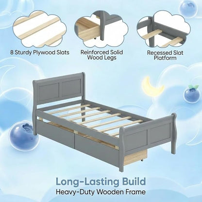 Giantex Twin Bed with 2 Storage Drawers, Wood Platform Bed with Headboard & Footboard, Wooden Slats Support Mattress Foundation, Twin Bed Frames for Kids Teens Adults, No Box Spring Needed (Grey)