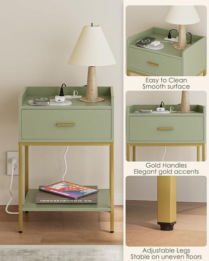 Masupu Nightstand with Charging Station,3-Tier Modern Bedside Night Stand with Storage Drawer and Shelf,Small End Side Table for Bedroom,Living Room,Gold and Green