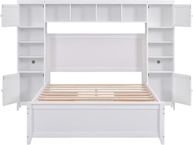Merax Full Size Wooden Bed with All-in-One Cabinet and Shelf, White Bed Frame with 4 Storage Drawers