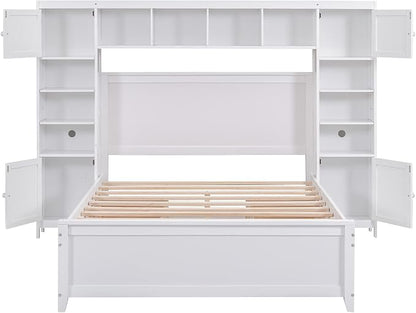 Merax Full Size Wooden Bed with All-in-One Cabinet and Shelf, White Bed Frame with 4 Storage Drawers